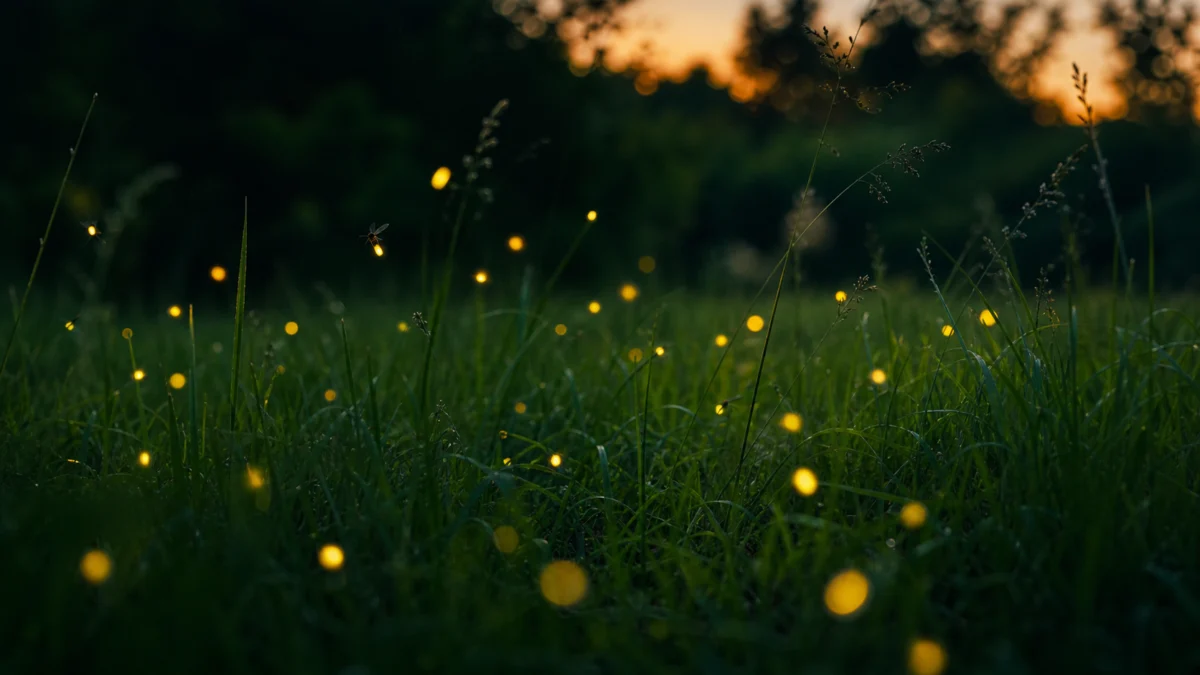 Glühwürmchen leuchten in einer sommerlichen Wiese bei Dämmerung