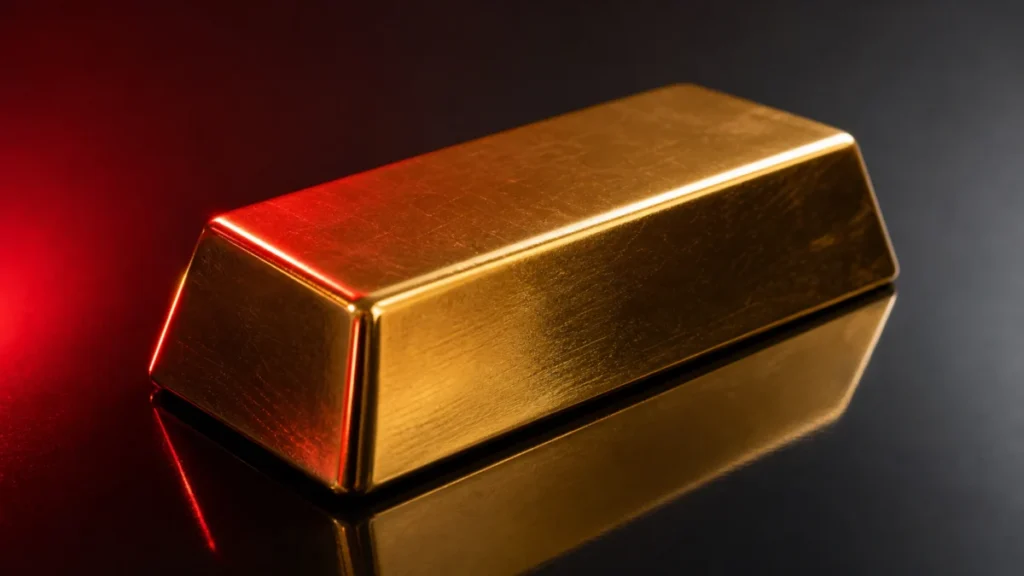 Symbolbild eines einzelnen Goldbarrens mit roter Lichtreflexion auf dunkler Oberfläche