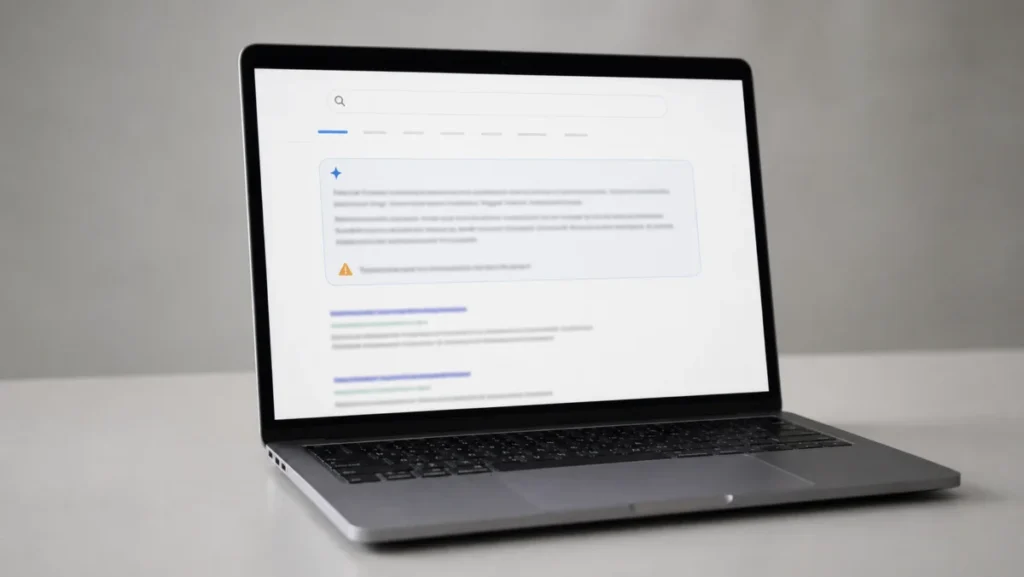 Ein einzelner Laptop zeigt eine KI-generierte Antwort in einer Suchmaschine