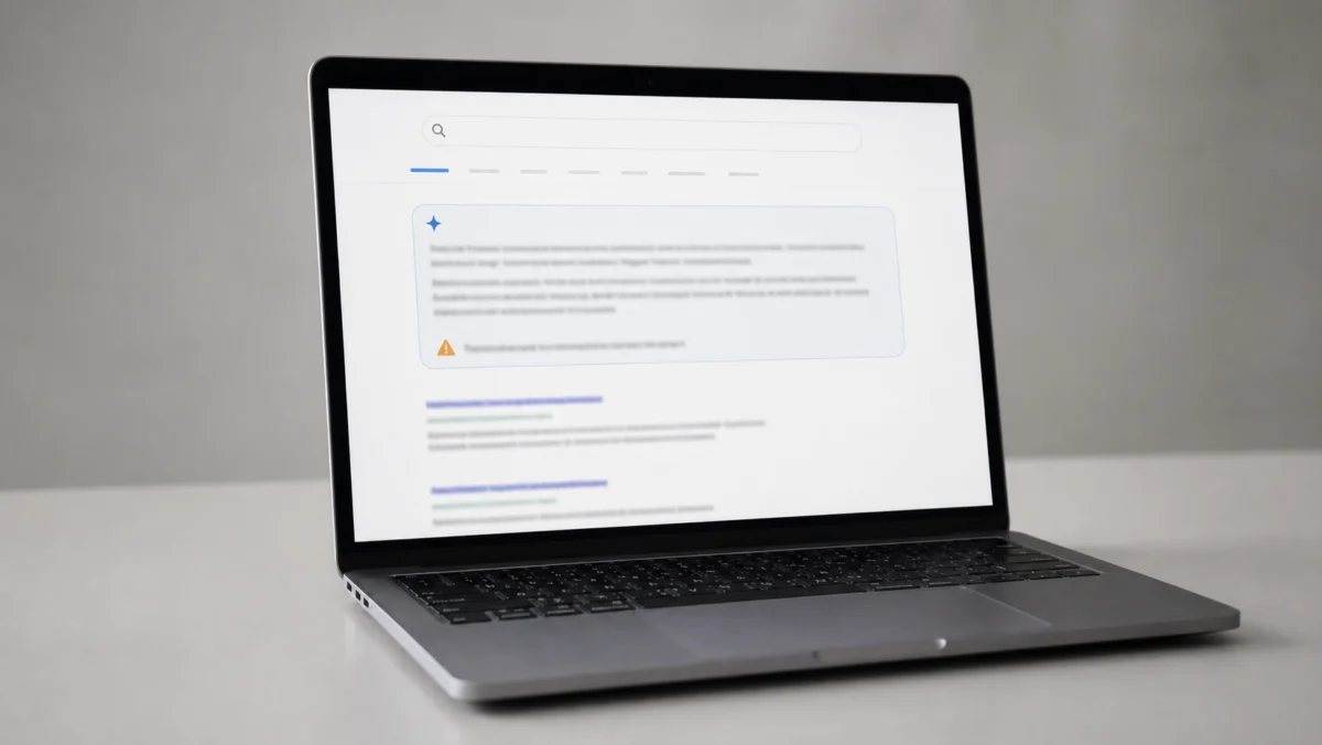 Ein einzelner Laptop zeigt eine KI-generierte Antwort in einer Suchmaschine