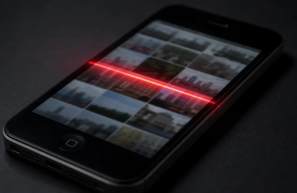 Älteres Smartphone, dessen private Fotogalerie von einem roten Scan-Licht geprüft wird
