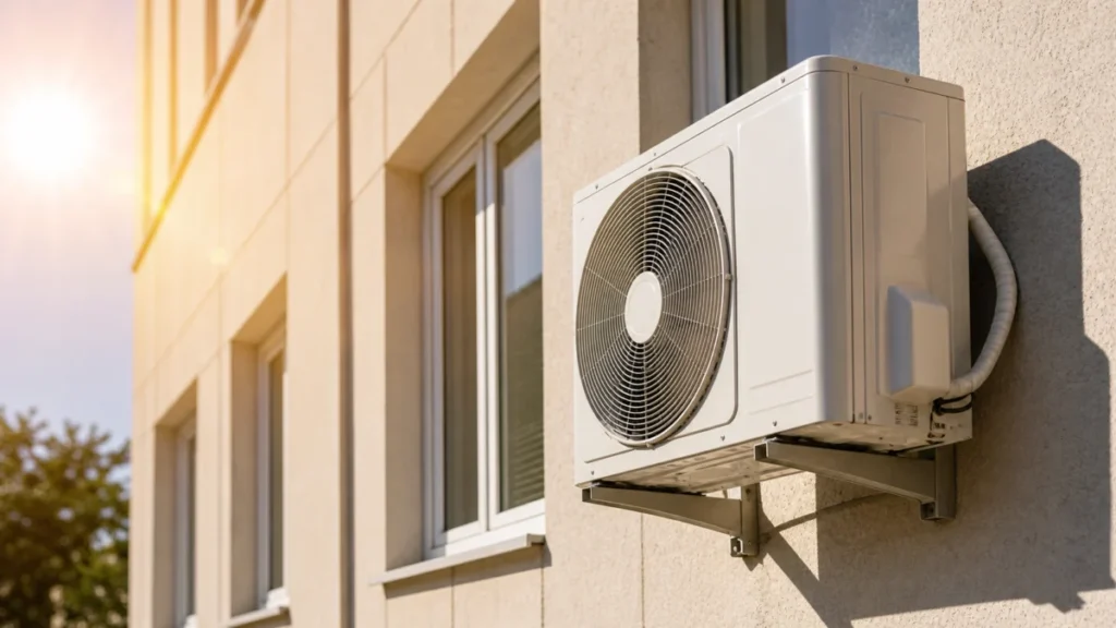 Klimaanlage an einer Gebäudefassade als Symbolbild für Hitzeschutz in öffentlichen Einrichtungen
