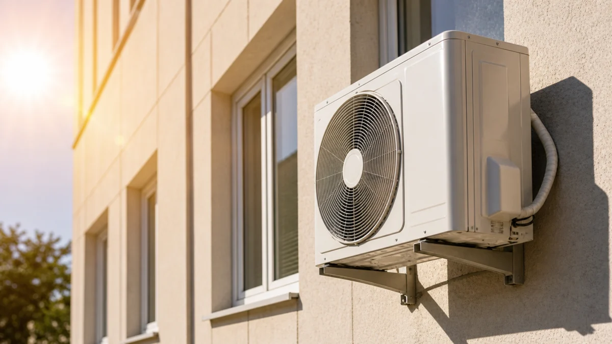 Klimaanlage an einer Gebäudefassade als Symbolbild für Hitzeschutz in öffentlichen Einrichtungen
