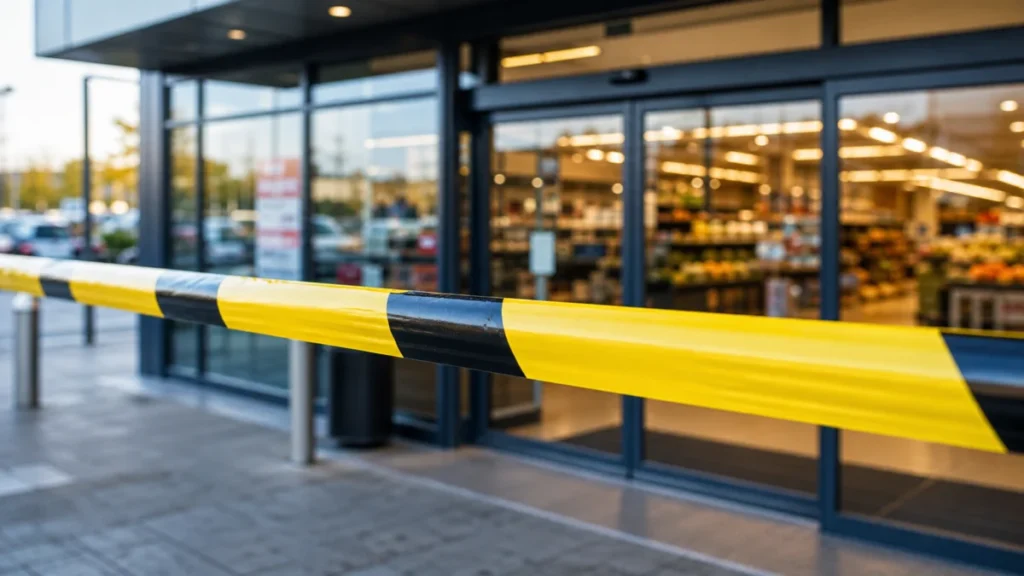 Symbolbild: gelbes Absperrband vor einem Supermarkteingang