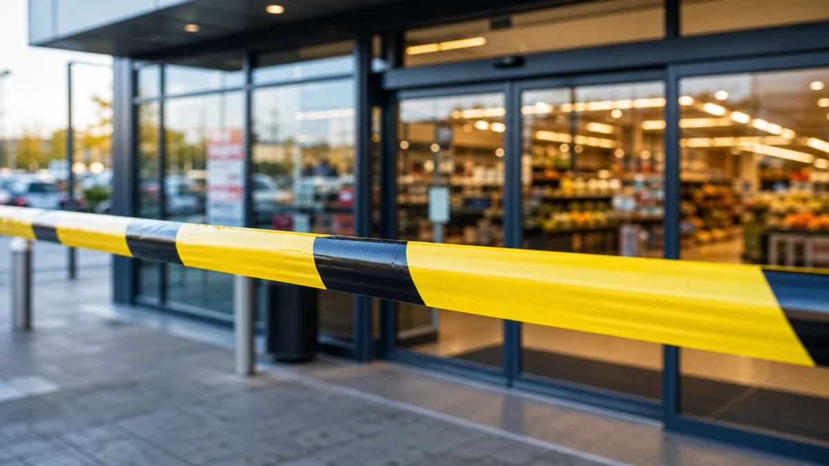 Symbolbild: gelbes Absperrband vor einem Supermarkteingang