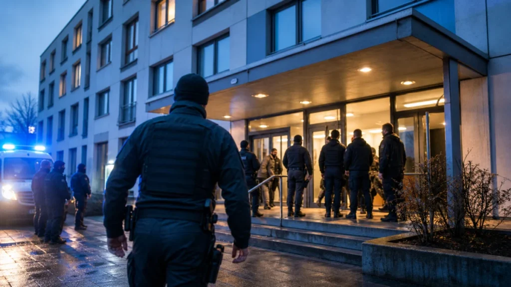 Symbolbild einer frühen Polizeirazzia vor einer großen Asylunterkunft in Hamburg