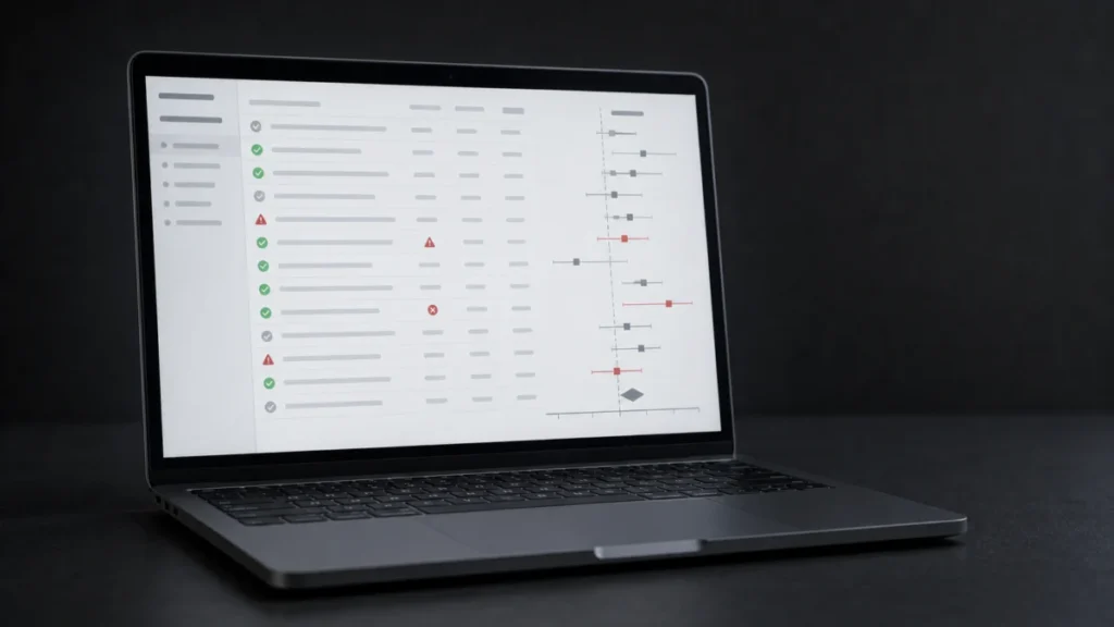 Ein einzelner Laptop zeigt eine wissenschaftliche Studienübersicht mit Warnhinweisen und Forest Plot