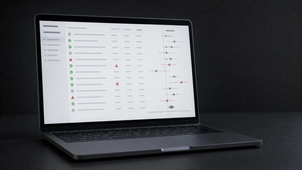 Ein einzelner Laptop zeigt eine wissenschaftliche Studienübersicht mit Warnhinweisen und Forest Plot