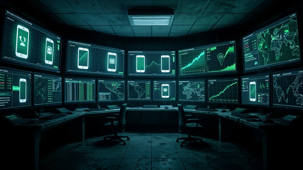 Dystopischer Überwachungsraum mit Monitoren, die Smartphone-Daten anzeigen – symbolisches Bild zu Kanadas Bill C-8