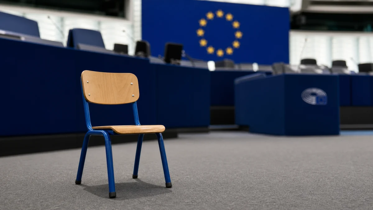 Leerer Kinderstuhl vor dem Sitzungssaal des Europäischen Parlaments als Symbolbild