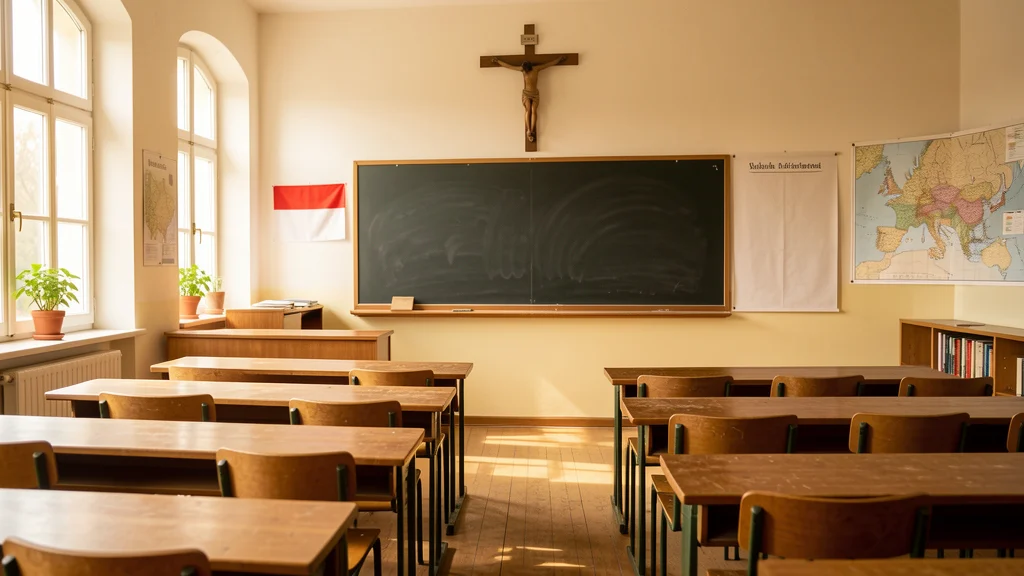 Klassenzimmer mit Kruzifix an der Wand