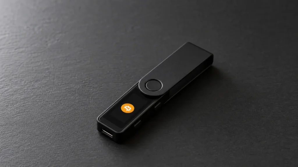 Ein einzelnes Hardware-Wallet mit Bitcoin-Symbol liegt auf einer dunklen Fläche