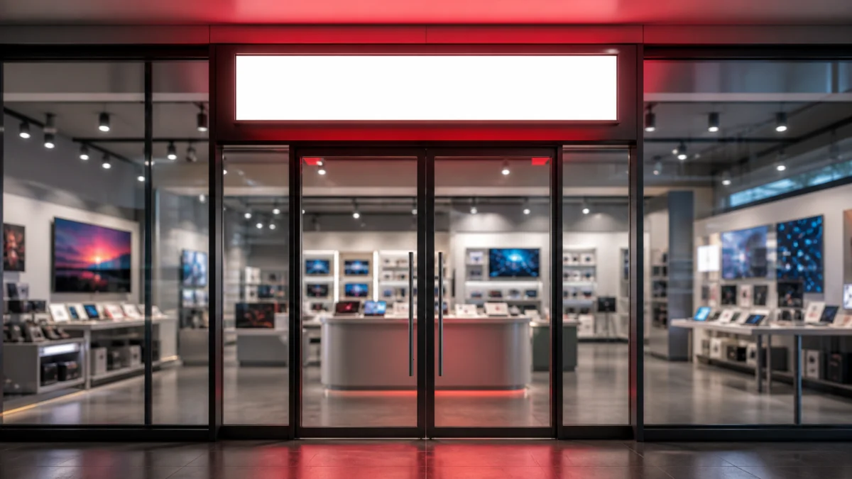 Unbeschrifteter Elektronikmarkt-Eingang als Symbol für die Übernahme von MediaMarktSaturn durch JD.com