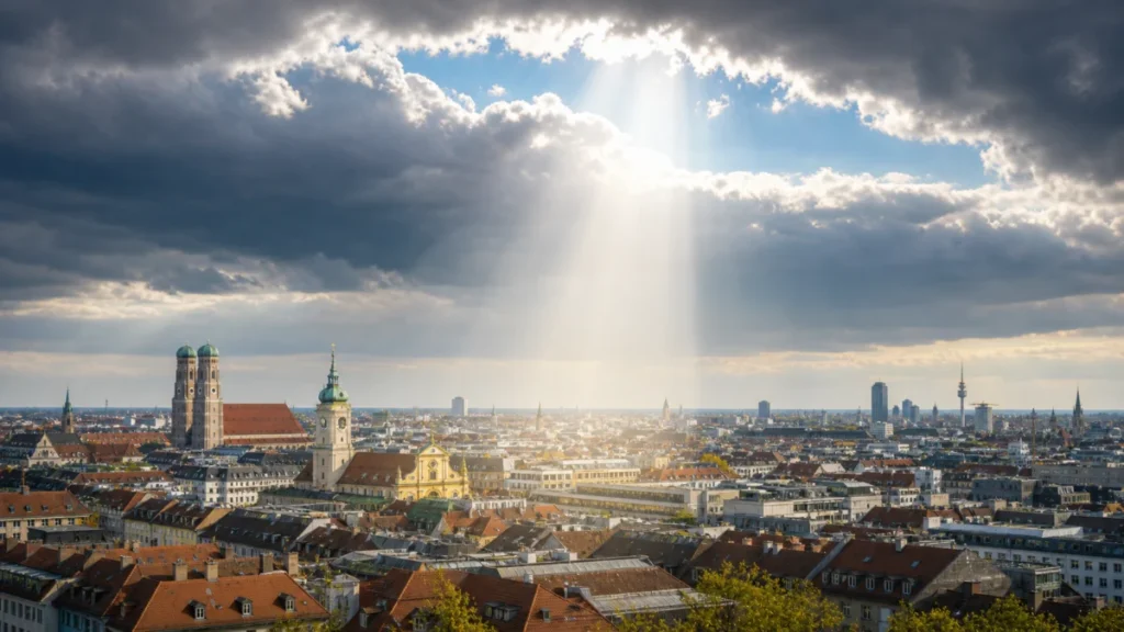 Sonnenlicht bricht durch eine aufreissende Wolkendecke ueber einer europaeischen Stadt