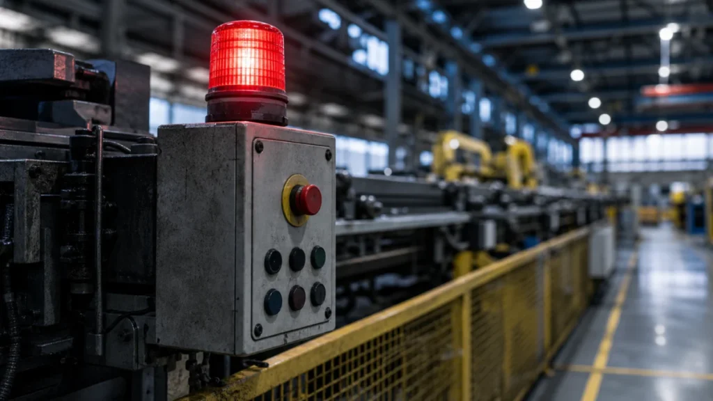 Stillstehende Industriemaschine mit rotem Warnlicht als Symbol für Krise der Metall- und Elektroindustrie
