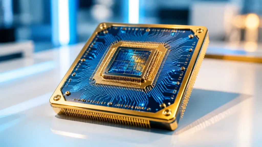 Symbolbild: heller gold-blauer Quantenchip auf einer Laborflaeche