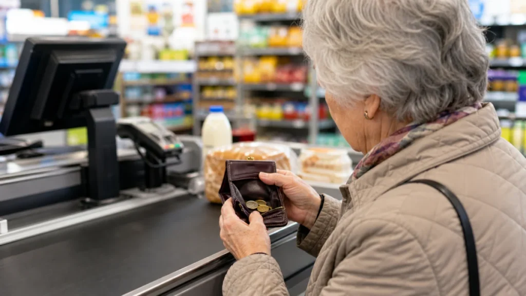 Ältere Frau zählt an einer Supermarktkasse die letzten Münzen in ihrer Geldbörse