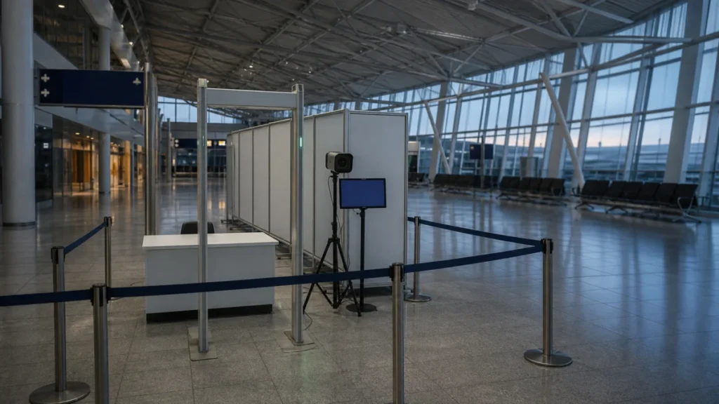 Verlassene Gesundheitskontrolle mit Wärmebildkamera in einem leeren Flughafen
