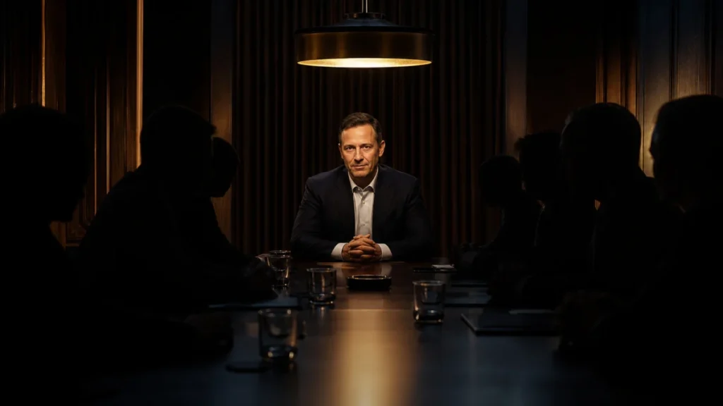 Symbolbild eines vertraulichen Hinterzimmertreffens: Peter Thiel sitzt erkennbar am Kopf eines Tisches, alle anderen Teilnehmer bleiben im Schatten.