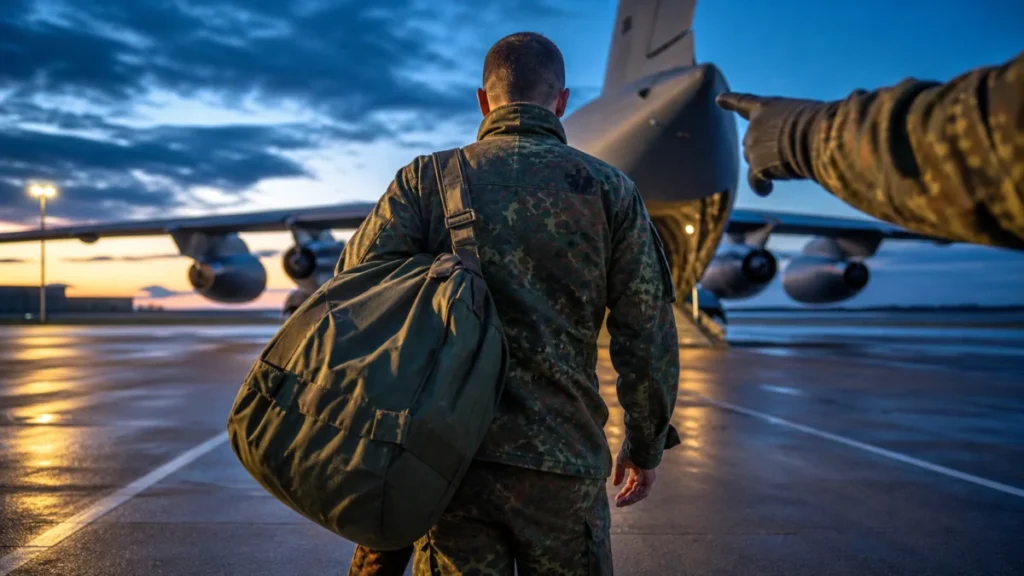 Ein Bundeswehrsoldat wird mit Gepäcktasche durch eine deutende Hand zu einem Transportflugzeug geschickt.
