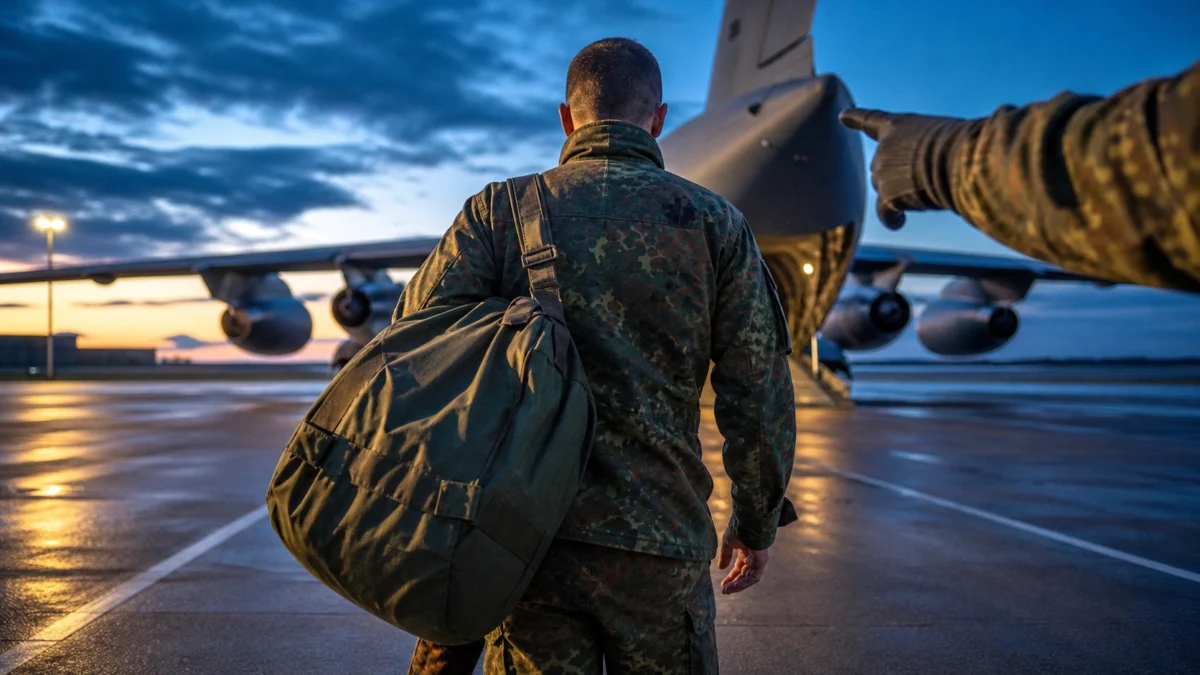 Ein Bundeswehrsoldat wird mit Gepäcktasche durch eine deutende Hand zu einem Transportflugzeug geschickt.