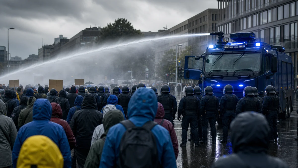 Symbolbild einer Demonstration mit Polizeikette und Wasserwerfer