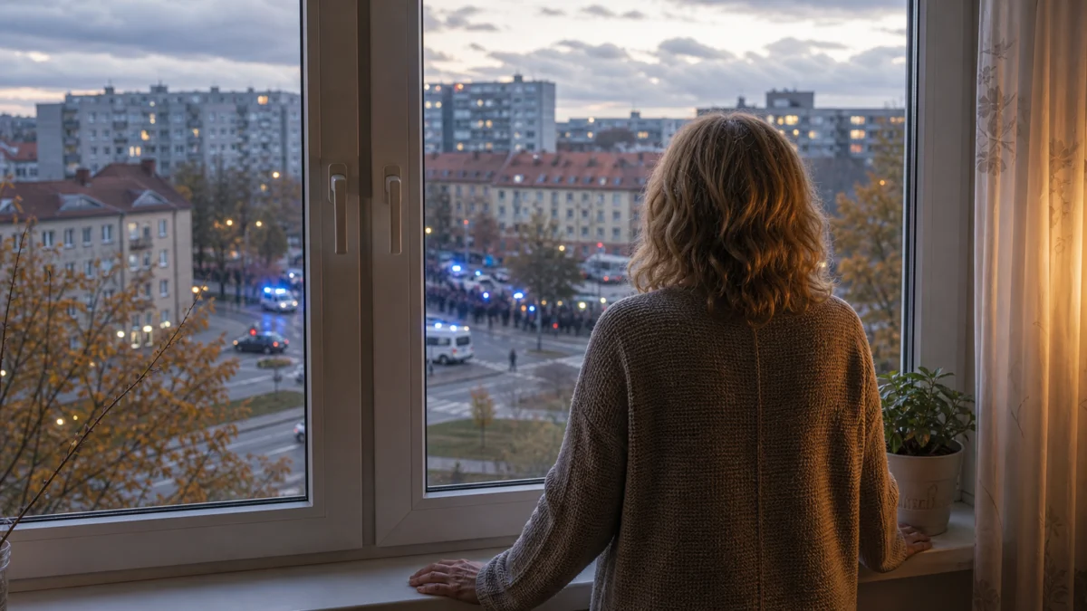Nachgestellte Szene: Frau blickt aus einem Fenster auf eine unruhige ostdeutsche Stadt im Herbst