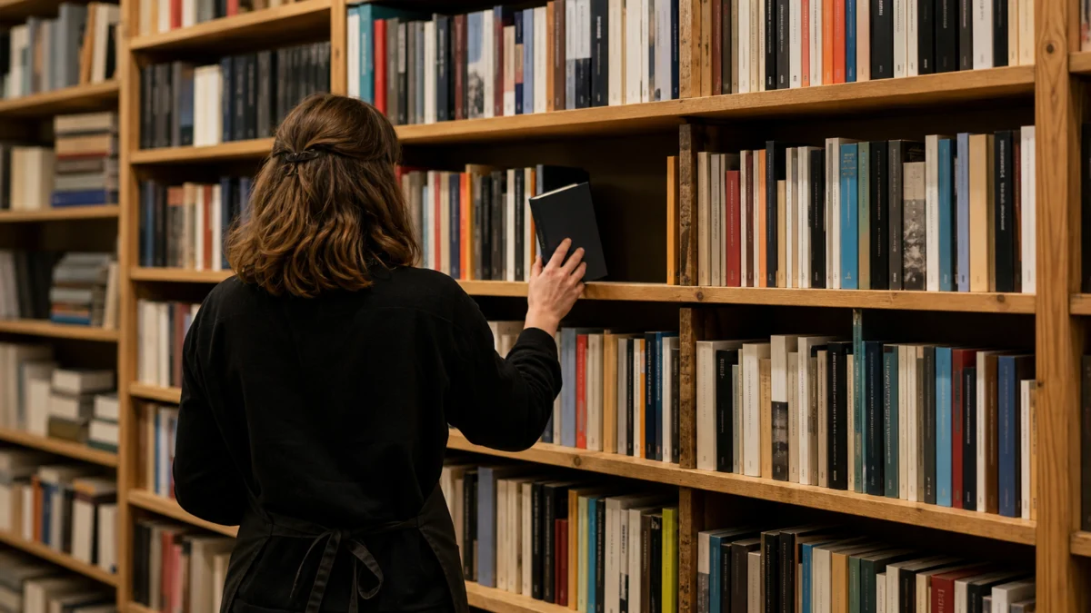 Eine Buchhändlerin nimmt von hinten gesehen ein einzelnes dunkles Buch aus einem Regal