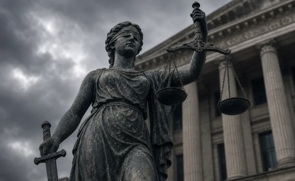 Monumentale Justitia-Statue mit Augenbinde vor einem staatlichen Gebäude unter dunklem Himmel