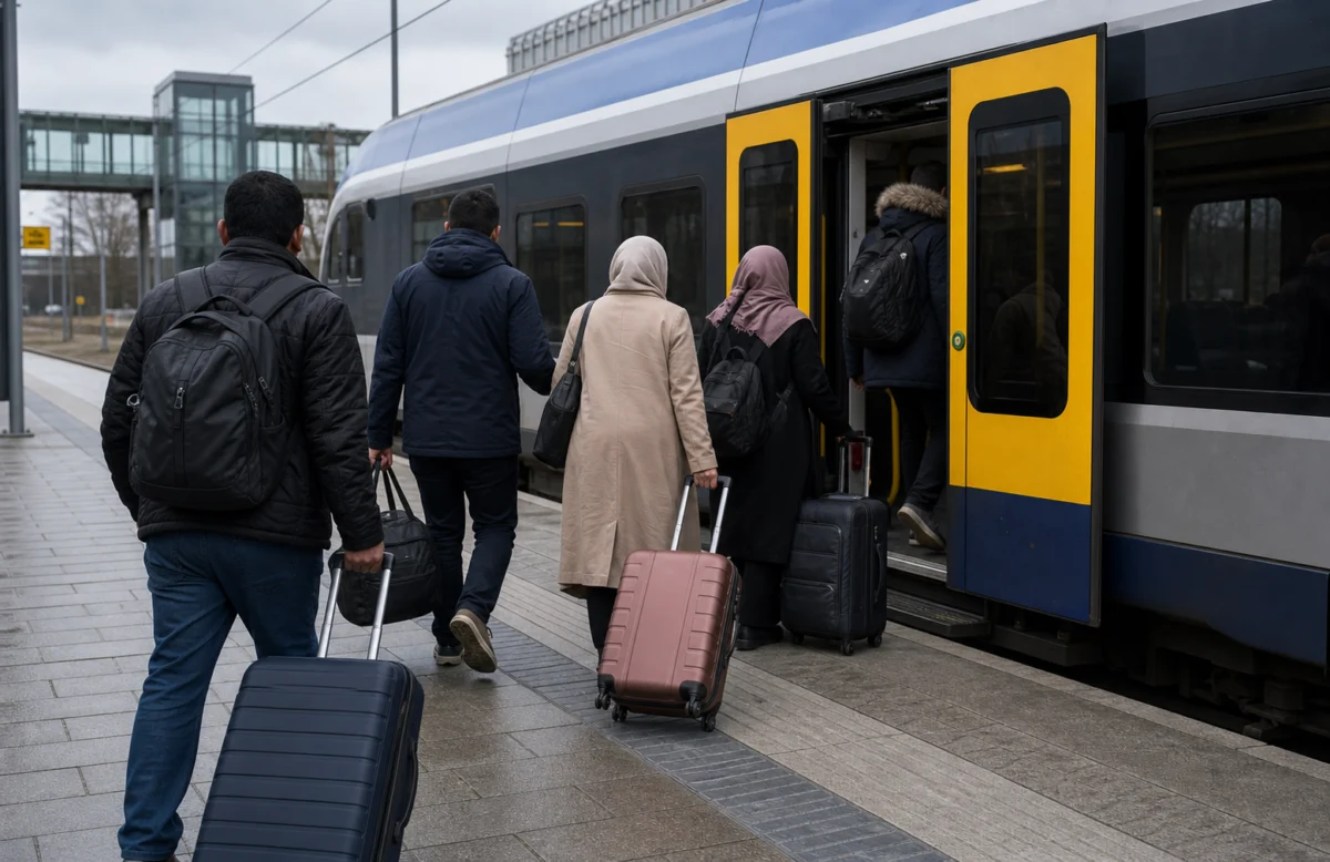 Erwachsene Reisende von hinten mit Koffern beim Einstieg in einen schwedischen Zug