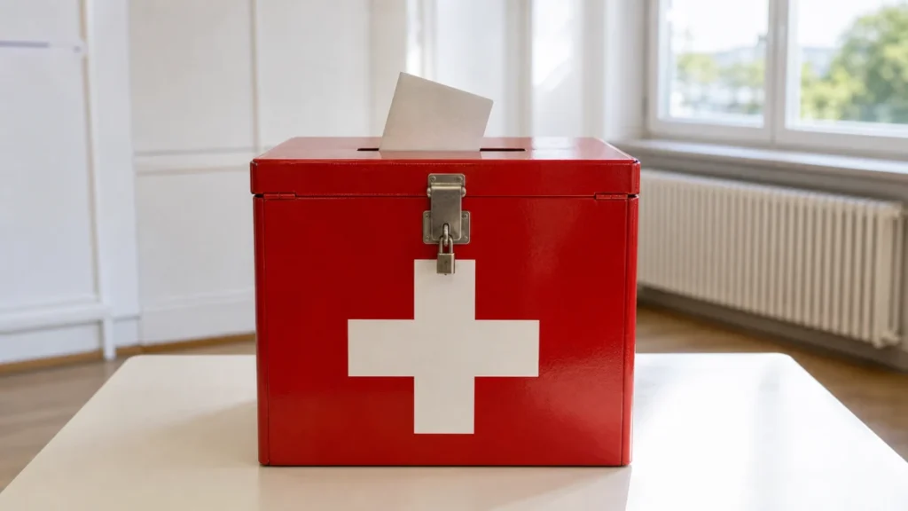 Symbolbild einer roten Schweizer Wahlurne mit weißem Kreuz und eingeworfenem Stimmzettel