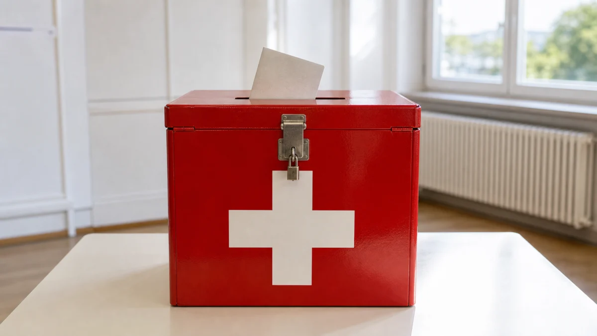 Symbolbild einer roten Schweizer Wahlurne mit weißem Kreuz und eingeworfenem Stimmzettel