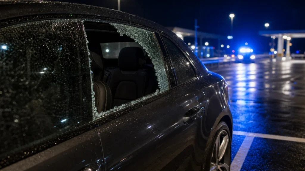 Auto mit eingeschlagener Seitenscheibe als Symbol für grenzüberschreitende Autodiebstähle in der Schweiz