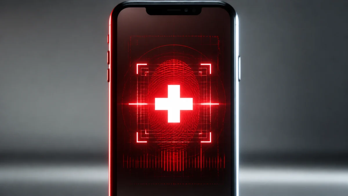Smartphone mit Schweizer Kreuz und biometrischer Scan-Anzeige als Symbolbild