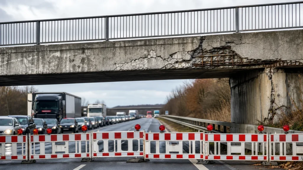 Eine stark beschädigte Betonbrücke über einer gesperrten deutschen Autobahn mit langem Stau.