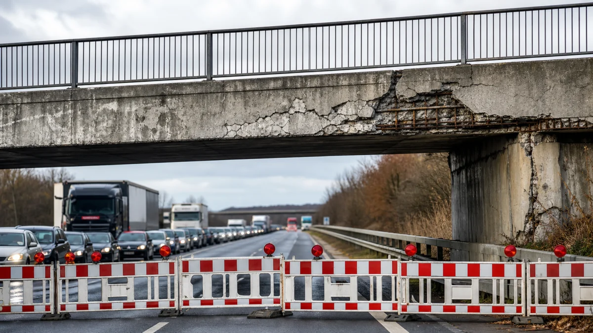 Eine stark beschädigte Betonbrücke über einer gesperrten deutschen Autobahn mit langem Stau.