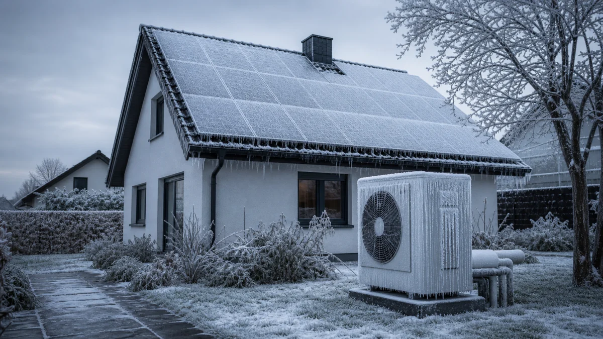 Ein deutsches Haus mit vereisten Solarpaneelen und einer stark vereisten Wärmepumpe im Garten