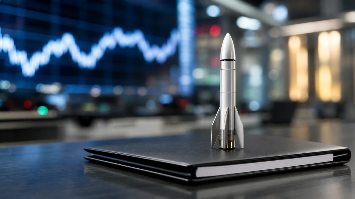 Unbeschriftetes Raketenmodell auf einer Investmentmappe als Symbol für SpaceX im MSCI World