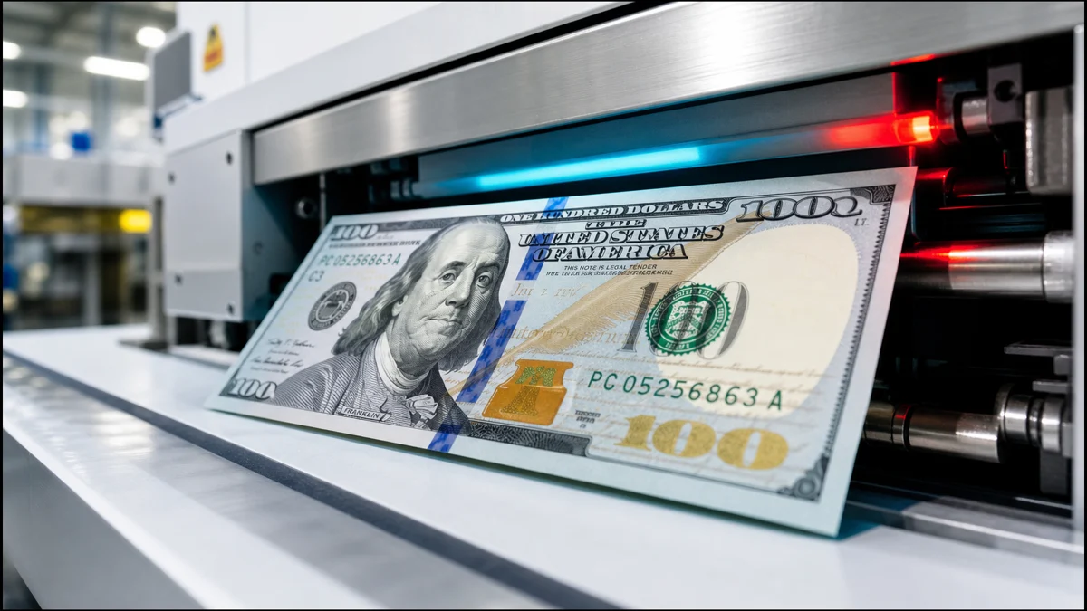 Hundert-Dollar-Note verlässt unter rotem und blauem Kontrolllicht eine Druckmaschine