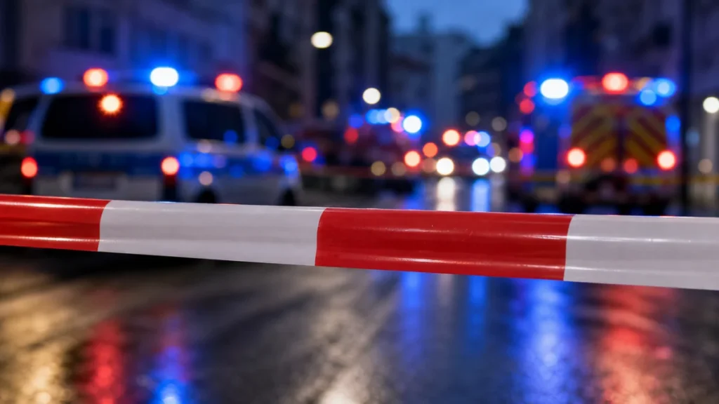 Absperrband und Blaulicht als Symbol für tödliche Schüsse in Stade