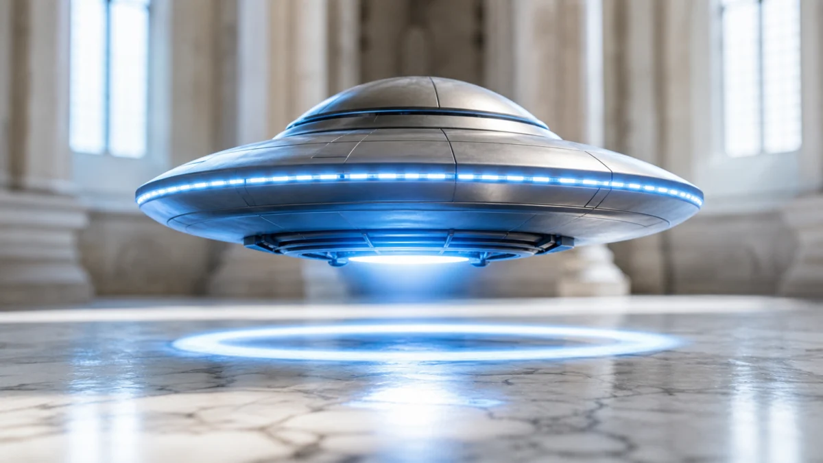 Symbolbild: silbernes UFO schwebt in einem hellen kirchlichen Innenraum