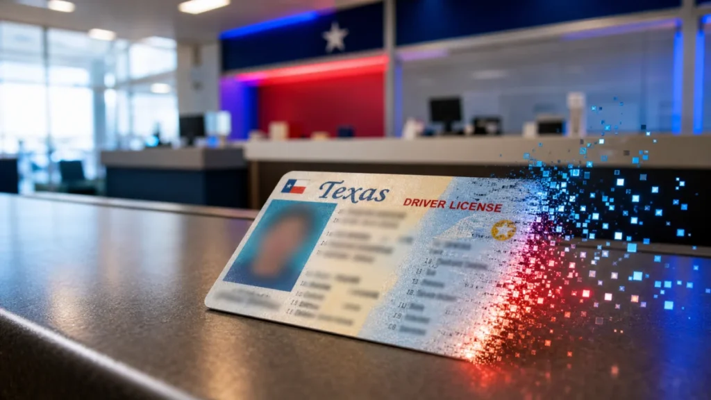 Ein texanischer Führerschein zerfällt auf einem Behörden-Schalter in digitale Datenpunkte.