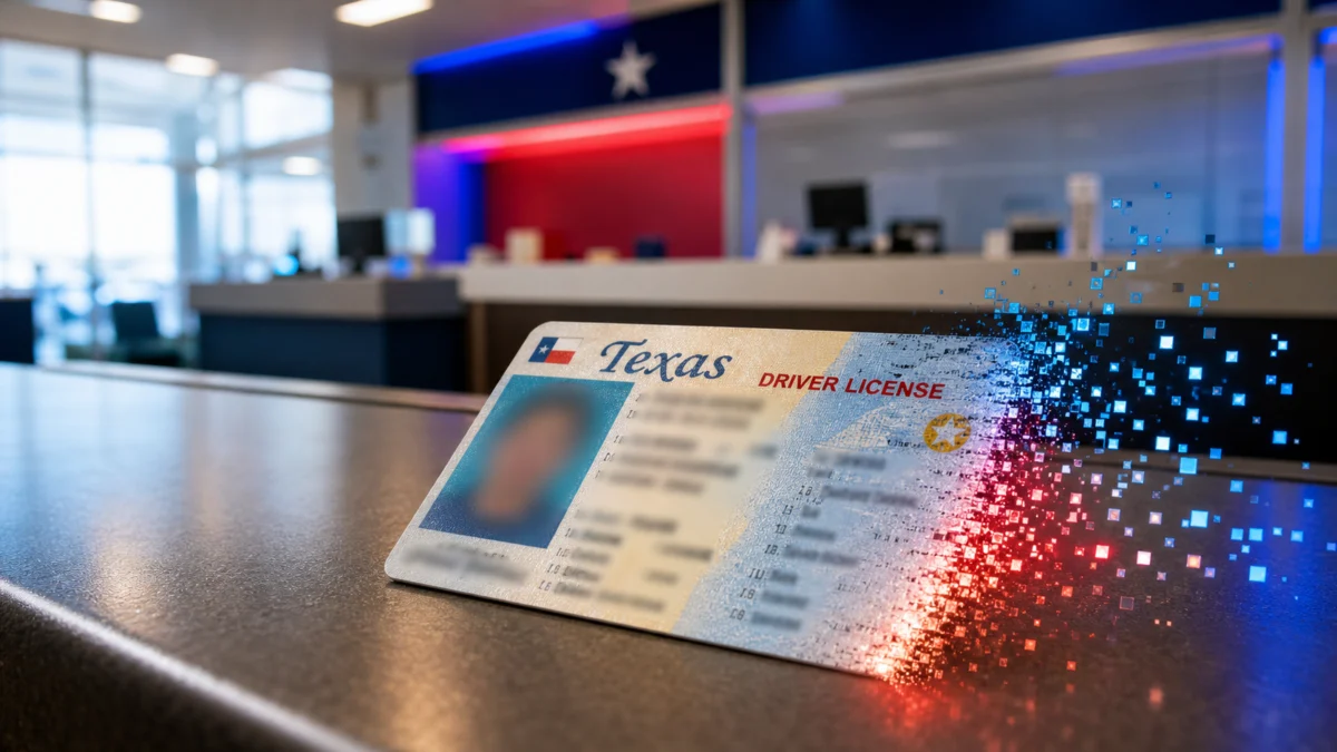 Ein texanischer Führerschein zerfällt auf einem Behörden-Schalter in digitale Datenpunkte.