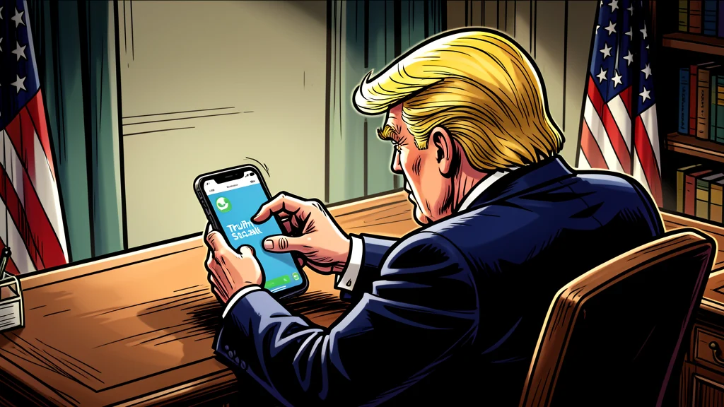 Donald Trump schräg von hinten an seinem Handy bei Truth Social – karikaturartiges Symbolbild zur 100-Prozent-Zoll-Drohung
