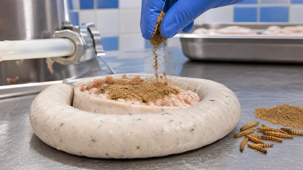 Symbolbild: Mehlwurmpulver wird bei der Herstellung einer Weißwurst verwendet