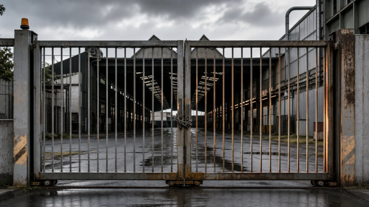 Verriegeltes Tor vor einer verlassenen Industriehalle als Symbolbild für Unternehmensinsolvenzen