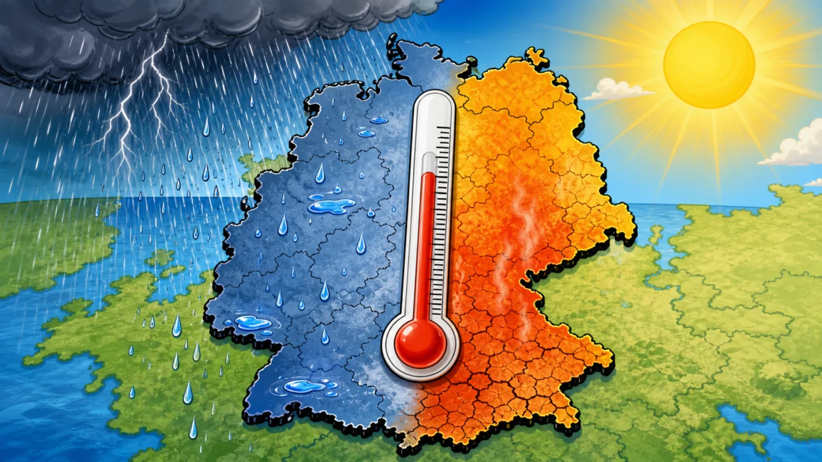 Karikaturhafte Wetterkarte Deutschlands mit Regen, Hitze und Thermometer