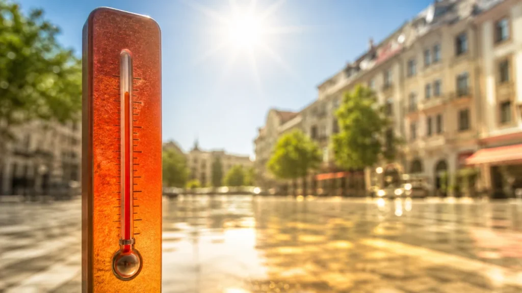 Symbolbild: Thermometer in starker Sommersonne vor einer Stadt