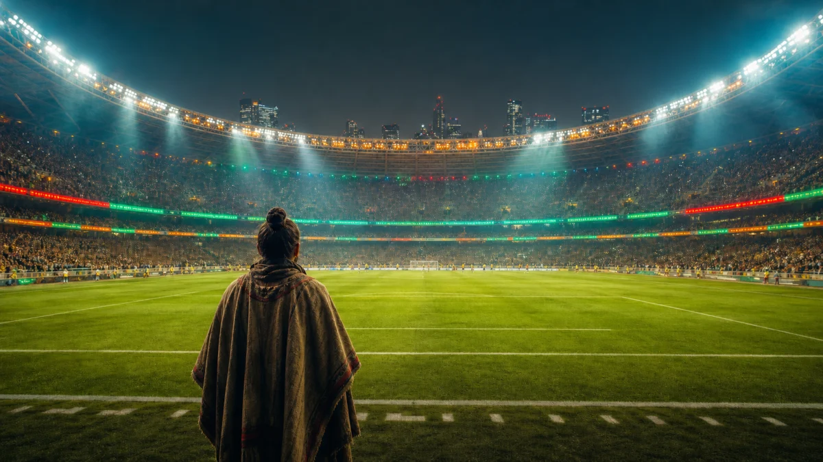 Eine schamanisch gekleidete Person blickt von hinten in ein hell erleuchtetes Fußballstadion in Mexiko-Stadt.
