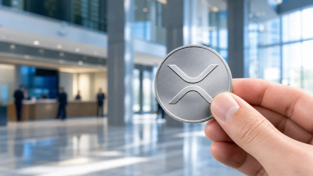 Eine Hand hält einen silbernen XRP-Token vor einer modernen Bankhalle